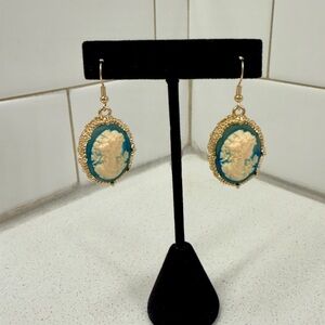 Gold Tone and Blue Cameo Earrings